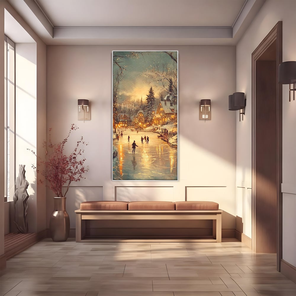 Tablou canvas cu pictura cu patinatori pe gheata de iarna, in rama de aluminiu argintiu